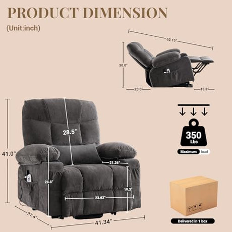 Power Lift Recliner Chair for Elderly with Lumbar Heat and Vibration Massage, Electric Lift Recliner Chair with Remote Control and USB Port,4 Storage Pockets & 2 Cup Holders for Living Room - Grey PoteSoar