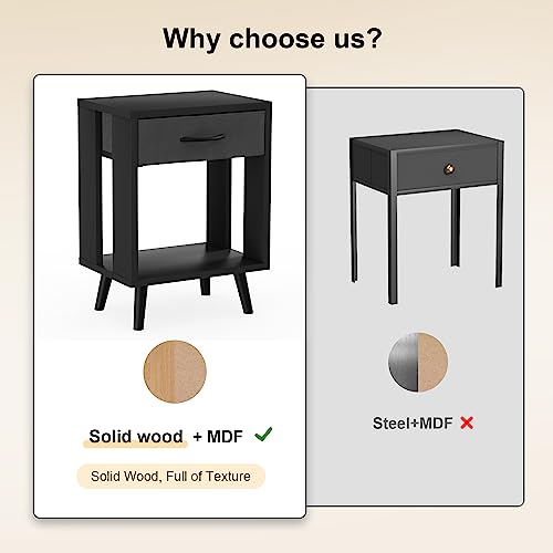 GYIIYUO Nightstands Set of 2 with Fabric Storage Drawer and Open Wood Shelf, Side Table with Storage for Bedroom, Night Stand with Drawer for Bedroom, Bedside Tables - Black 24" H GYIIYUO