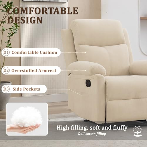 Korser Recliner Chair, Manual Recliner for Adults with Side Pocket, Small Recliners for Small Spaces, Adjustable Comfy Overstuffed Corduroy Reclining Chairs for Living Room, Reading, Bedroom, Beige