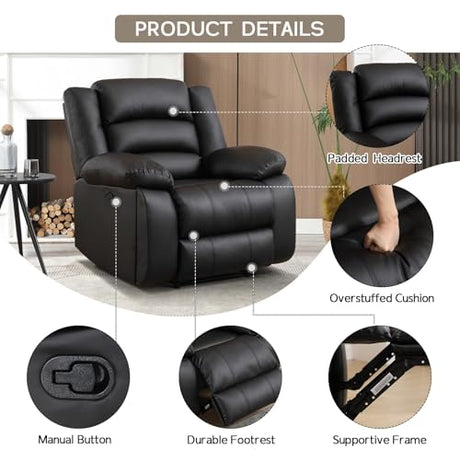 EBELLO Manual Recliner Chair, Faux Leather Reclining Chair with Hidden Cup Holders, Overstuffed Armrests and Back, Manual Single Sofa for Adult, Black EBELLO