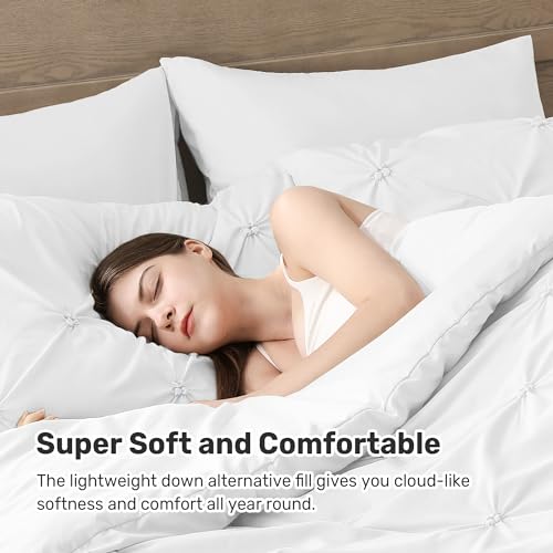 UNIKOME Queen Comforter Set White - Ultra Soft Boho Pintuck Down Alternative Bedding Set for All Seasons, 3 Pieces Lightweight Warm Pinch Pleat Bed Set with Comforter, 2 Pillowcases UNIKOME