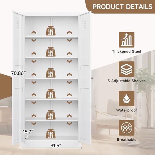 AFAIF Metal Storage Cabinet, 71'' Tall Storage Cabinet with 2 Doors and 5 Adjustable Shelves, Modern Pantry Cabinet for Kitchen, Living Room, Dining Room, Bathroom, White