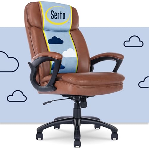 Serta Fairbanks Big & Tall Executive Office Chair, Ergonomic Comfy High-Back ComputerChairs with Lumbar Support, Semi-Plush Seat Cushion, Padded Armrests, Nylon Swivel Base, Bonded Leather, Cognac Serta