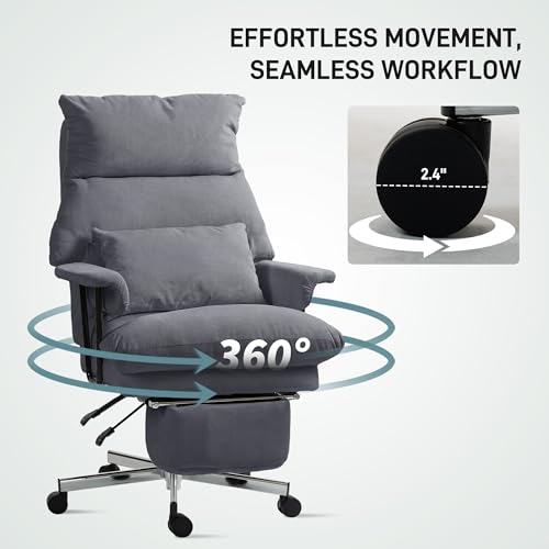 HOMCOM Large Overstuffed Office Chair with Lumbar Support, High Back Reclining Executive Corduroy Computer Desk Chair with Footrest, Swivel Wheels, Gray HOMCOM