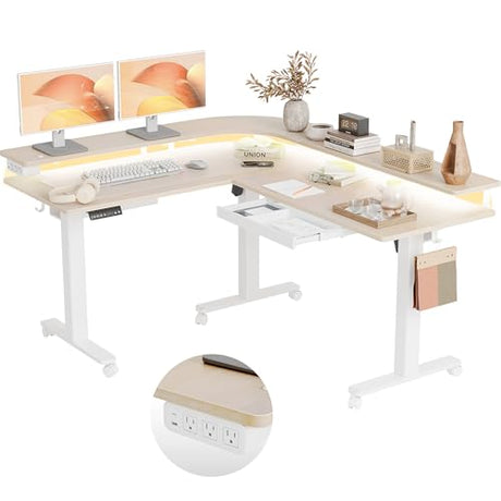Claiks 63" L Shaped Standing Desk with Drawers and LED Lights, Height Adjustable Electric Corner Standing Desk with Monitor Stand & Power Outlet, 4 Memory Preset, Nature Claiks