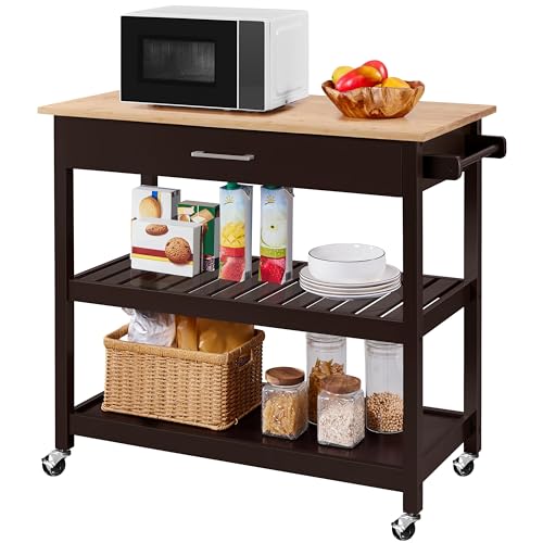 Yaheetech Kitchen Island on Wheels with Bamboo Tabletop, 3-Tier Rolling Kitchen Cart Microwave Oven Cart Serving Trolley with Drawer and Wine Storage Shelf, 20" D x 40" W, Espresso - WoodArtSupply