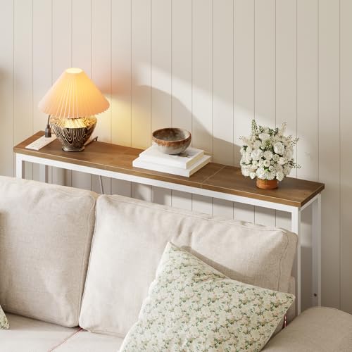 HOOBRO Narrow Console Table with Power Outlets, 44.9 Inches Sofa Table, Slim Behind Couch Table, Entryway Table with Display Shelf, for Living Room, Foyer, Hallway, Walnut and White WH114UXG01 HOOBRO