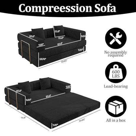 BSHOMGI 4 in 1 Futon Sofa Bed Queen Size - Foldable Convertible Sleeper Couch,Teddy Foam-Filled Compressed Couch Removable Corduroy Cover, Space Saving Sofas for Bedroom & Dorm (Black, 59” 2 Seat) BSHOMGI