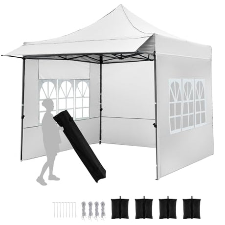 Tangkula 10x10 FT Pop Up Canopy, Outdoor Tent with 3 Sidewalls & Awning, Wheeled Bag, 4 Sandbags, 8 Stake, 4 Ropes, Portable Canopy Tent for Party Picnic Event Beach Camping (White) Tangkula