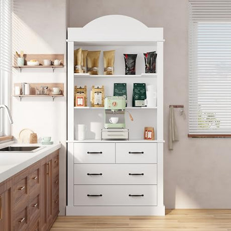 ECACAD 79.5" H Kitchen Pantry Storage Cabinet with Shelves and Drawers, Modern Kitchen Cupboard with Countertop for Living Room and Dining Room, White ECACAD
