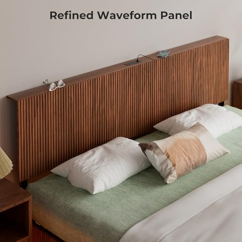 Evermagin Walnut King Floating Bed Frame with Headboard, Mid Century Modern Fluted Platform Bed with LED Lights, Heavy Duty Floating Bedframe with Charging Station, No Box Spring Needed Evermagin