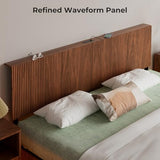 Evermagin Walnut King Floating Bed Frame with Headboard, Mid Century Modern Fluted Platform Bed with LED Lights, Heavy Duty Floating Bedframe with Charging Station, No Box Spring Needed Evermagin