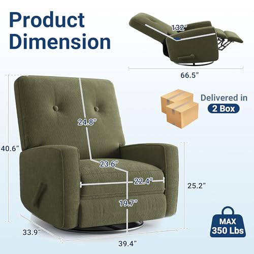 Garvee Nursery Recliner Chair, 360° Swivel Rocking Glider Chair for Adults with Adjustable Backrest & Footrest, Cozy Corduroy Upholstered Armchair for Living Rooms, Bedrooms, Apartments, Green