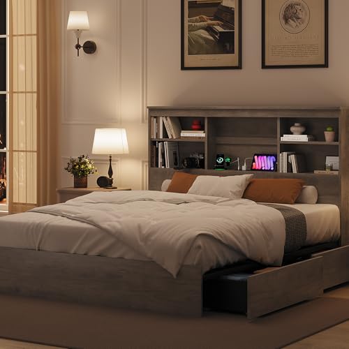 GarveeHome Full Size Bed Frame with High Storage Bookcase Headboard, Wood Bed Frame with 4 Storage Drawers, Built in Charging Station, No Box Spring Needed, Metal Frame, Noise-Free, Grey GarveeHome
