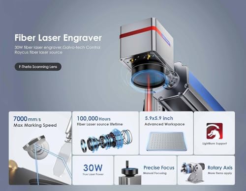 Monport 30W Fiber Laser Engraver with 3D & Deep Engraving, 5.9" x 5.9" Work Area, 10000mm/s 360°Laser Marking Etching Machine for Metal, Silver, Stainless Steel, Gold with Rotary Axis & Lightburn Monport