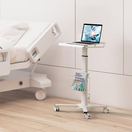 ONKRON Mobile Laptop Cart on Wheels, Load up to 17.6 lbs, Standing Rolling Desk Adjustable Height, Portable Workstation for Laptop/Small Computer Cart for Couch, Home, Office White ONKRON