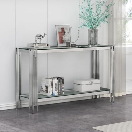 Goujxcy Modern Glass Console Table 55" Silver Entryway Table with Tempered Glass Top and Mirror Stainless Steel Legs,Luxury Rectangular Sofa Table for Living Room Hallway Corridor Table (Silver) Goujxcy
