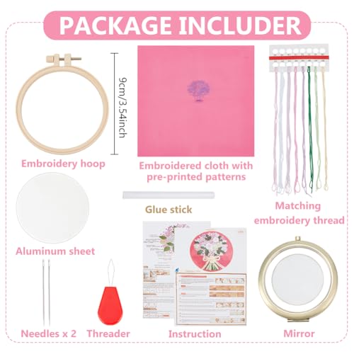 WEBEEDY DIY Foldable Mirror Set Mini Bouquet Makeup Mirror Needlework for Beginners,Hand Sewing Cross Stitch Kit with Stamped Pattern Cloth Embroidery Hoop Thread,Women Mirrors Crafts Gift