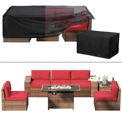 Aoxun Patio Furniture Set 13 Pieces Wicker Rattan Outdoor Furniture with 44” Fire Table Patio Sectional Sofa with Thickened Cushions, Red (Include Waterproof Cover)