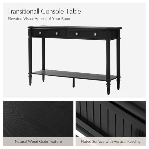 HULALA HOME Mid Century Modern Console Table with Natural Wood Grain, Fluted Entryway Table with 2 Drawers & Lower Shelf, 47.2" W x 13.78" D x 30" H(Black) HULALA HOME