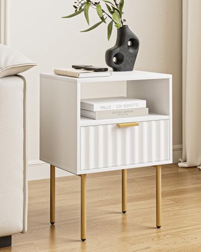 AEPOALUA Night Stand,Modern Bedside Table with Drawer and Shelf,White Night Stand with Gold Frame,Small Side Table for Bedroom,Living Room AEPOALUA