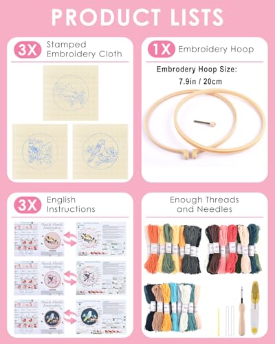 TINDTOP 3 Sets Punch Needle Kits, Panda Punch Embroidery Kits for Adults Beginner, Tool with Punch Needle Fabric, Hoops, Yarns and Sewing Needles (Bird) TINDTOP