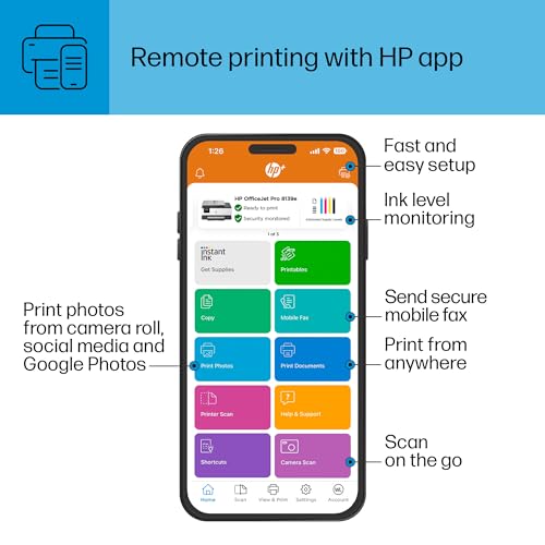 HP OfficeJet Pro 8139e Wireless All-in-One Color Inkjet Printer, Print, scan, Copy, fax, ADF, Duplex Printing Best-for-Home Office, 1 Year of Instant Ink Included