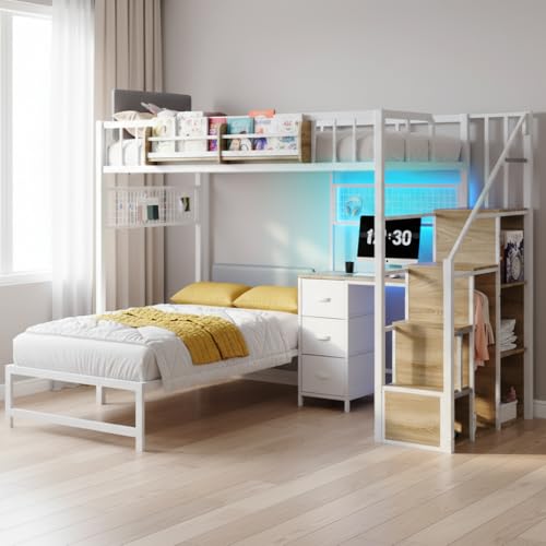 Kikihouse Twin Over Twin Loft Bunk Bed with Desk, Stairs, Drawers & Storage Shelves, L-Shaped Metal Bunk Bed with Charging Station & LED Light for Kids, Teens, Adults (Twin Over Twin) Kikihouse