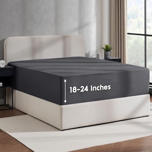 Nestl Dark Grey Extra Deep Pocket Fitted Sheet Queen, Hotel Luxury Queen Fitted Sheet Only Easily Fits 18 to 24 Inch Mattress, Super Soft, Wrinkle-free, and Breathable Bottom Sheets with Corner Straps Nestl