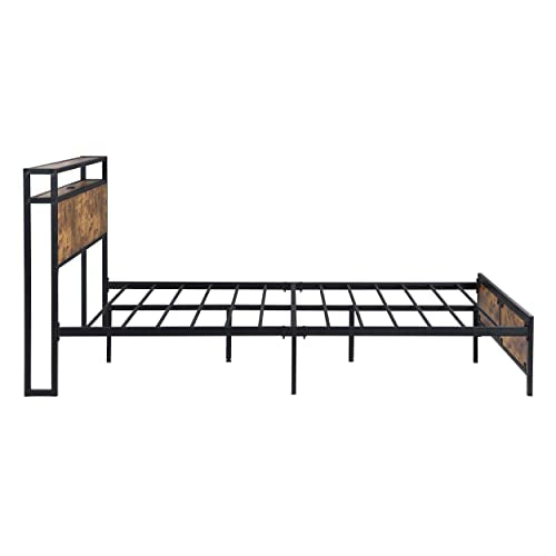 Prohon Queen Size Bed Frame with LED Lights, USB Charging Ports & Storage in Antique Brown - WoodArtSupply