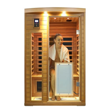 2 Person Low EMF Infrared Sauna for Home, Red Cedar Wood Far Infrared Saunas, 1750watt Indoor Personal Sauna Room with Door Heating Panels, Blue-tooth, 7-Color Chromotherapy Lights, 2 Outdoor Lamps Kanlanth