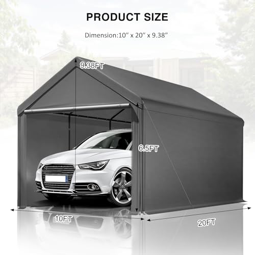 Carport Canopy 10x20 Heavy Duty, Portable Carport Garage with Removable Sidewalls and Door, Car Port with Waterproof Canopy for All Season (Gray) RUIJOROO