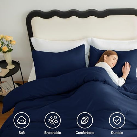 CozyLux Navy Blue Full Size Comforter Set, 3 Pieces Solid Breathable Quilted Style Bedding Sets, Luxury Fluffy Soft Bed Set with Down Alternative Comforter for All Season (1 Comforter & 2 Pillowcases) CozyLux