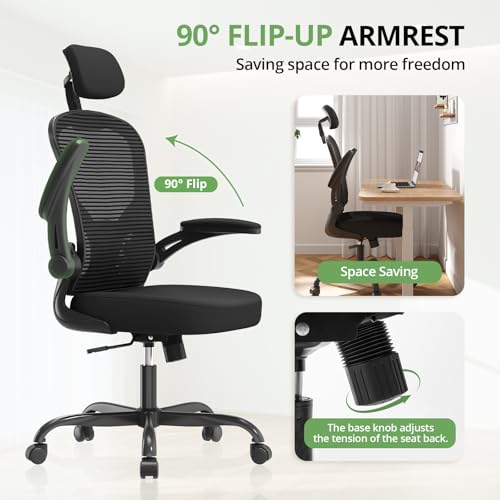 Office Chair Ergonomic Desk Chair, 330LBS Capacity, High Back Computer Chair for Long Hours Comfortable, Rolling Swivel Executive Task Chair for Home Office with Flip-up Armrests, Black Synorla