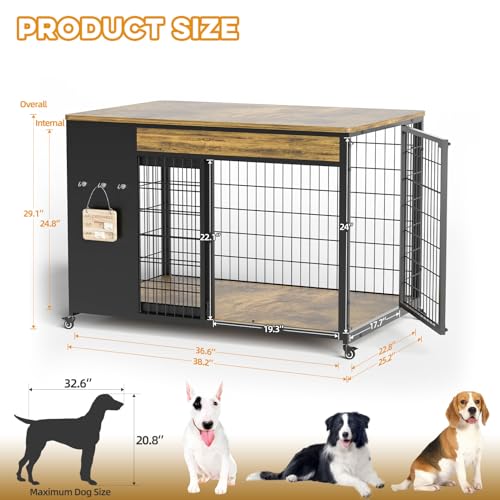 Hugcoz 38" Dog Crate Furniture - Dog Crate with DIY Frame, Sliding Door Indoor Kennel, Wooden Dog Cage End Table, for Medium/Large Breed, Rustic Brown Size L HugCoz