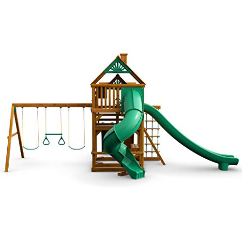 Gorilla Playsets 01-0031-AP Great Skye II Wood Swing Set with Wood Roof, 3 Slides, and Rock Wall, Brown - WoodArtSupply