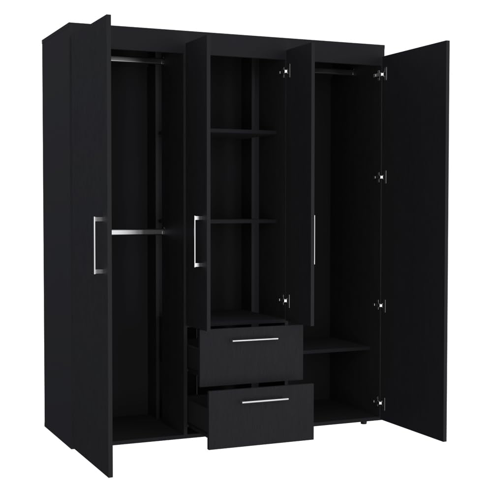 Quarte Modern 4-Door Wardrobe with 2 Drawers, Shelves and 2 Clothing Rods, Freestanding Armoire Wardrobe Closet, Clothes Storage Cabinet Organizer for Bedroom (Black/4-door) Quarte