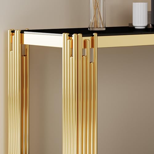Maotifeys Modern 2-Tier Glass Console Table Luxury Black Tempered Glass Top Sofa Table with Shiny Gold Legs 55" Slim Entryway Hall Tables with Storage Shelf for Living Room Bedroom Maotifeys
