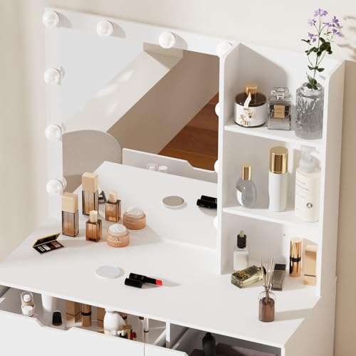onesaimei Makeup Vanity Desk with Mirror and LED Lights, Vanity Desk with Drawers and Multiple Shelvers, Dressing Table with with Lighted Mirror for Bedroom, White onesaimei