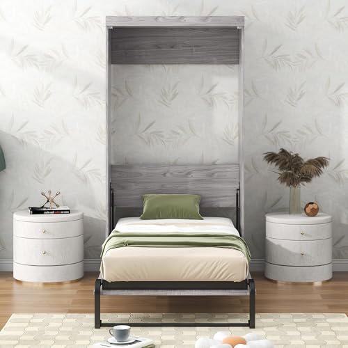 LUMISOL Twin Size Murphy Bed Frame, Solid Wood Foldable Wall Bed with Metal Frame Support, Cabinet Murphy Bed Frame, can be Folded into a Cabinet, Save Space, Gray LUMISOL