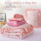 A Nice Night Rainbow Stripes & Bows Bedding Set,Ruffle 6 Piece Bed in a Bag Matching Sheet Set,Princess Style Chic Bow Printed,Light Pink Room Decor for Girls,Twin A Nice Night