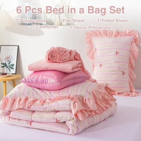A Nice Night Rainbow Stripes & Bows Bedding Set,Ruffle 6 Piece Bed in a Bag Matching Sheet Set,Princess Style Chic Bow Printed,Light Pink Room Decor for Girls,Twin A Nice Night