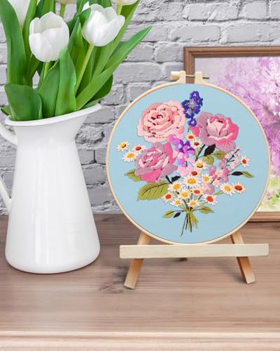 ERKOON Embroidery Kit for Beginners, Flower Cross Stitch Set for Include Embroidery Cloth Hoops Threads for Craft Lover Hand Stitch with Embroidery Skill Techniques (Bouquet) ERKOON