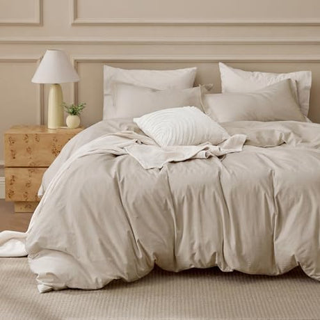 Bedsure 100% Washed Cotton Duvet Cover Queen Size - Oatmeal Minimalist Cotton Duvet Cover Linen Like for All Seasons - GentleSoft™ Plain Simple Bedding (Oatmeal, Queen, 90"x90") Bedsure
