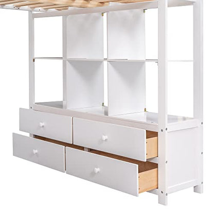 BOVZA White Full Size Loft Bed with Built-in Desk, Drawers, and Storage Shelves