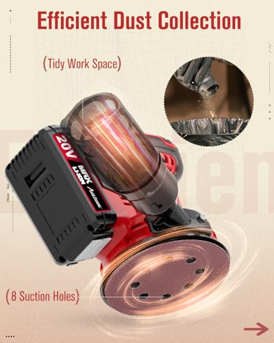 AVID POWER 20V Cordless Orbital Sander 5 Inch Electric Sander Tool with 6 Variable Speeds 7000-11000 RPM Battery Powered Sanders for Woodworking, 30 Pcs Sandpapers and Dust Collection Bag AVID POWER