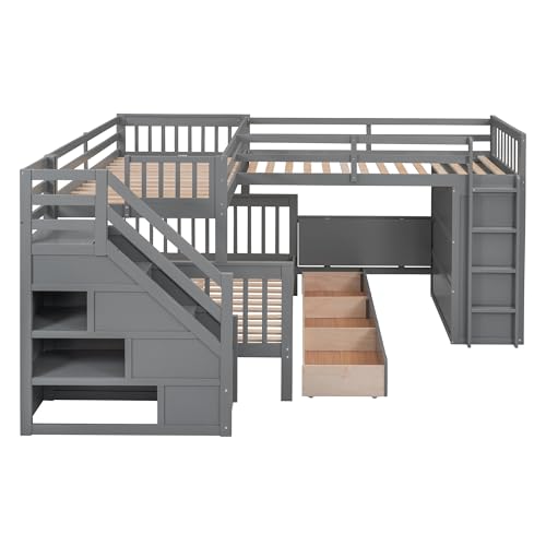 Bellemave L Shaped Triple Bunk Bed with Storage Staircase, Wardrobe, Desk & Drawers, Wooden Bunk Bed for 3 Kids, Twin Over Full Bunk Beds, L-Shaped Loft Bed for Kids, Teens, Adults (Gray) Bellemave