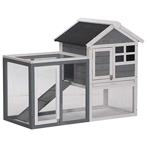 PawHut 48" Wooden Rabbit Hutch Bunny Cage with Waterproof Asphalt Roof, Fun Outdoor Run, Removable Tray and Ramp, Grey - WoodArtSupply