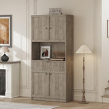 IDEALHOUSE Tall Storage Cabinet, 70" Kitchen Pantry Cabinet with Doors, Fluted Kitchen Hutch Cupboard with Microwave Shelf & Drawer, Freestanding Cupboard for Dining Room, Living Room, Gray IDEALHOUSE
