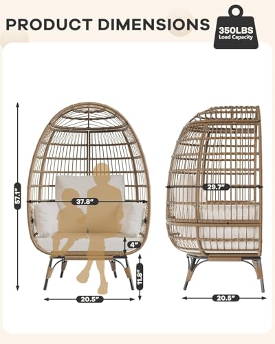DEXSO Oversized Wicker Egg Chair - 350LBs Capacity, Steel Frame & Ultra Luxury Cushions, Indoor/Outdoor Use for Balcony, Patio, Living Room (White) DEXSO
